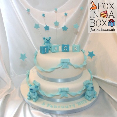 Christening cake with little bears and letter cubes