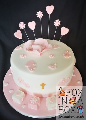 pink flowers and hearts christening cake
